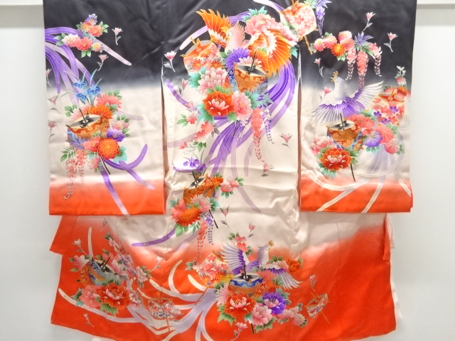 鳳凰に糸巻き花模様子供着物(内袖・長襦袢付き)